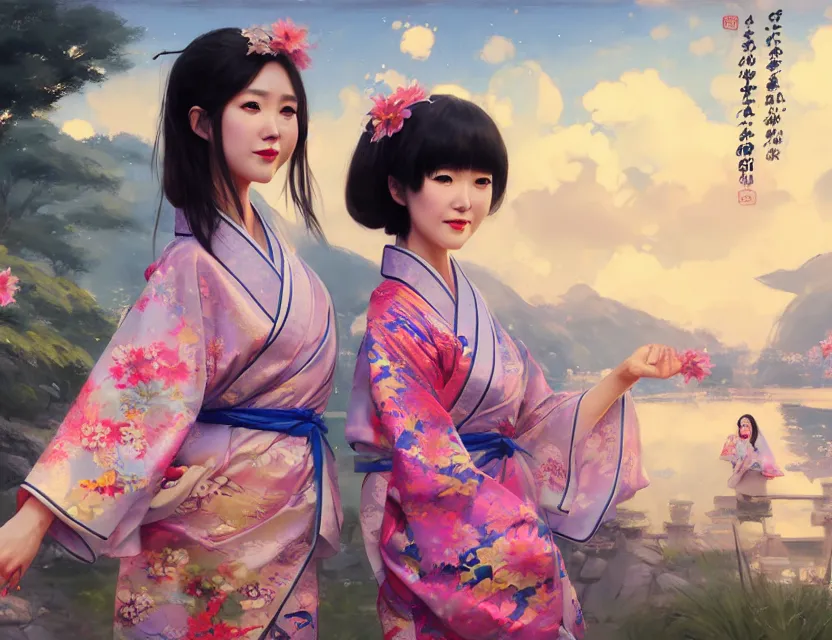 Prompt: two beautiful fashion taiwan girls wear fantasy yukata in festival | | big eyes, sunny, dreamlike art, realistic shaded, smile, good looking, fine details, 4 k realistic, cryengine, realistic shaded lighting poster by greg rutkowski, magali villeneuve, artgerm, jeremy lipkin and michael garmash and rob rey