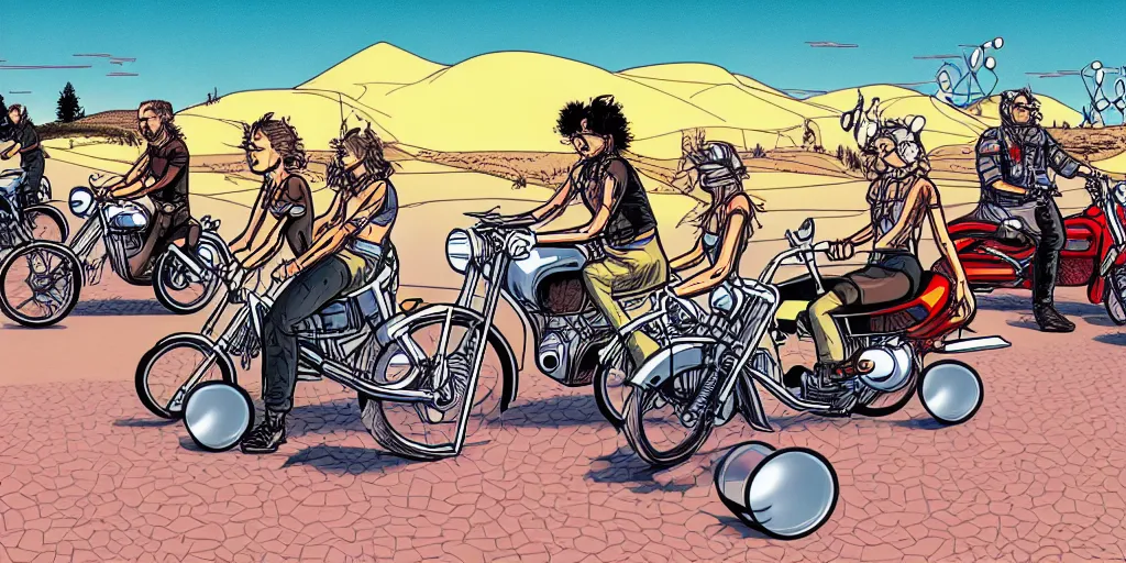 Prompt: four people riding on motorcycles in finland, summer, cartoon, moebius style, hyper - detailed