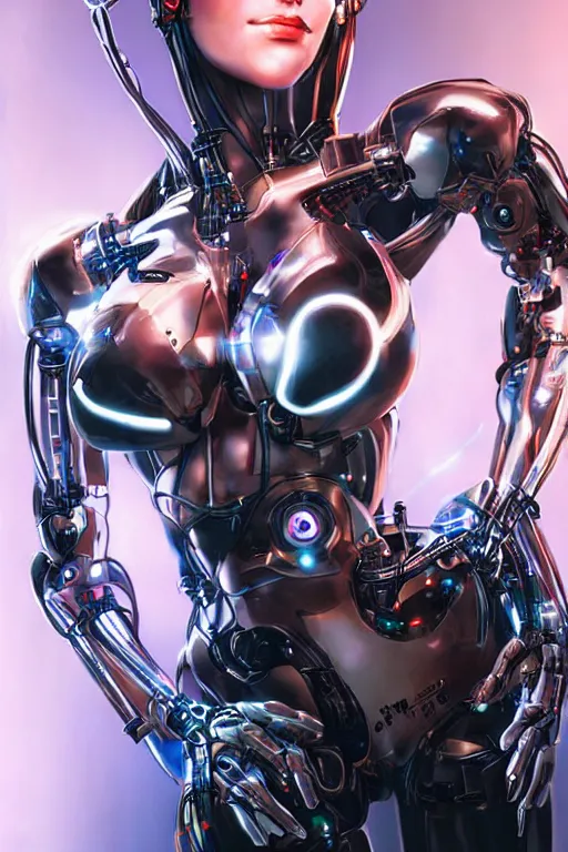 Image similar to a stunning robot woman with cybernetic enhancements, wires, led lights, glowing lights, futuristic, by artgerm and wlop and bosch