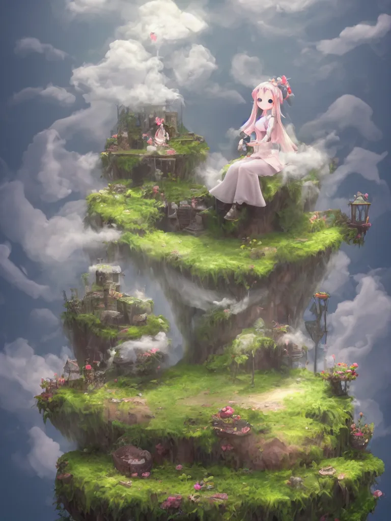 Prompt: cute fumo plush gothic maiden girl sitting on a floating island, isometric projection, wisps of smoke and volumetric fog, vignette, orthographic, vray