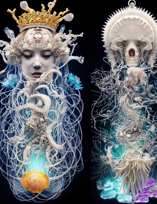 Image similar to goddess macro shouler portrait from bottom to top in crown made of ram skull. betta fish, jellyfish phoenix, bioluminiscent, plasma, ice, water, wind, creature, super intricate ornaments artwork by tooth wu and wlop and shofff and greg rutkowski