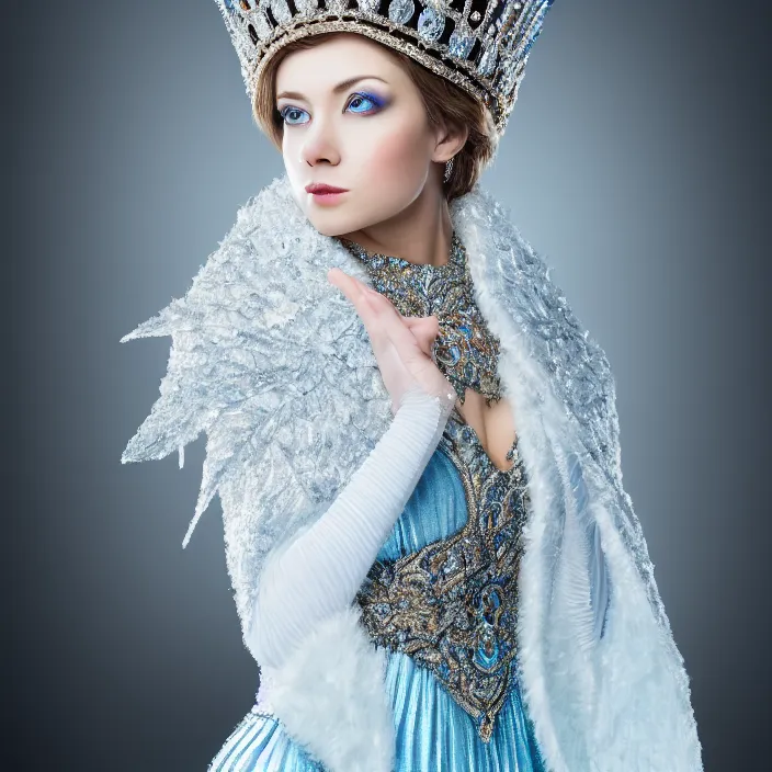 Prompt: full length portrait photograph of a real-life beautifulice queen with intricate cloak and crown, Extremely detailed. 8k