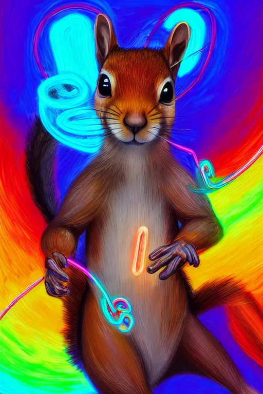 Image similar to a award winning half body portrait of a squirrel with stunning eyes in a croptop and cargo pants with rainbow colored hair, outlined by whirling illuminated neon lines and fine lines swirling in circles by jesper ejsing and rhads and makoto and shinkai and lois van baarle, digital art, trending on artstation