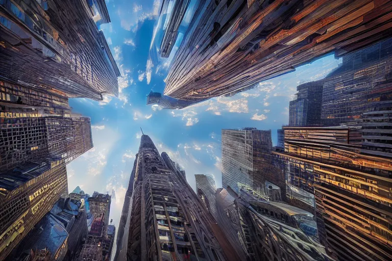 Image similar to beautiful city photography of new york, wide angle, marc adamus, looking up, buildings