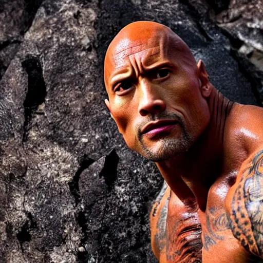 Image similar to dwayne johnson as a monster made of orange rock, orange stone, craggy rock, rough rock, realistic photo, skin of rough stone, broken rock skin