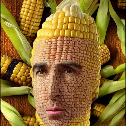 Prompt: nicolas cage corn hybrid, skin is made if corn, is trapped in a corn cob