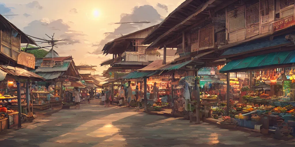 Prompt: shops at pulau indah fishing village, early morning, detailed matte painting, low angle view, telephoto lens, bokeh, studio ghibli, artstation