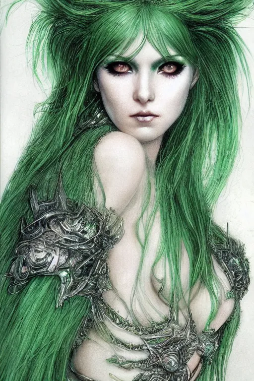 Image similar to beautiful symmetrical portrait of a woman with green hair, feathered silk dress, sparkling eyes, runny make up by luis royo and alan lee