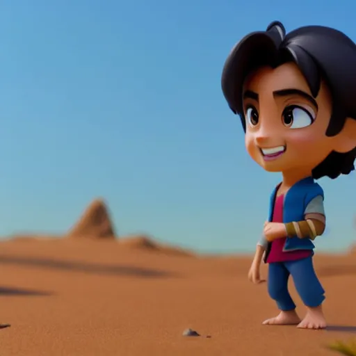 Image similar to a profile view of young aladdin as nendoroid walking in a desert in the croods movie style, anime, disney, pixar, 8 k, hd, dof, kodak film, volumetric lighting, subsurface scattering, photorealistic, octane render, details