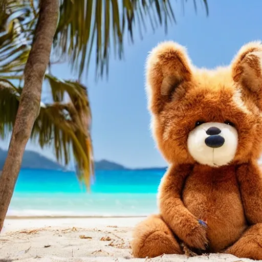 Image similar to an adorable fierce furry monster that looks like a very chubby wolf rabbit ears and teddy bear body, Smiling at the camera with a mischievous grin, happy lighting, at a tropical beach