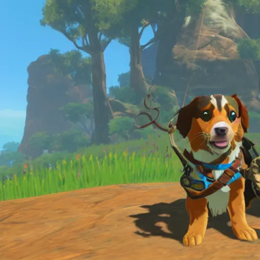 Image similar to australian shepherd with link, breath of the wild style