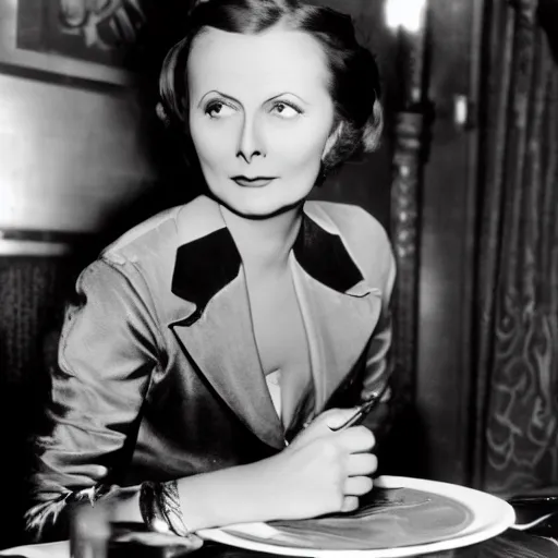 Prompt: greta garbo, seated in a restaurant