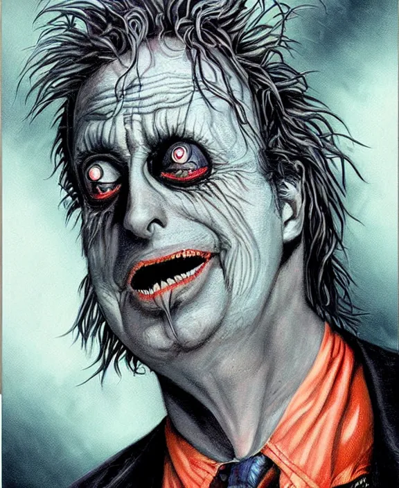 Prompt: portrait illustration of Beetlejuice, Les Edwards poster art, detailed