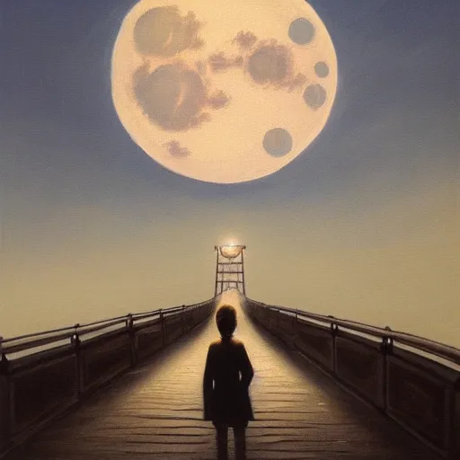 Image similar to A beautiful painting of person walking on the bridge , moon shining in the sky, trending on artstation, oil on canvas by Casper David Friedrich