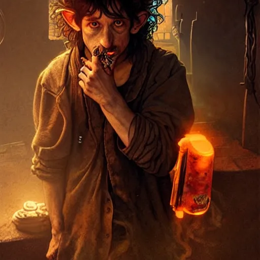 Image similar to Drug addict hobbit with crazy eyes smoking in a dark alley, ultra realistic, concept art, intricate details, dark, highly detailed, photorealistic, octane render, 8k, unreal engine, art by artgerm and greg rutkowski and alphonse mucha