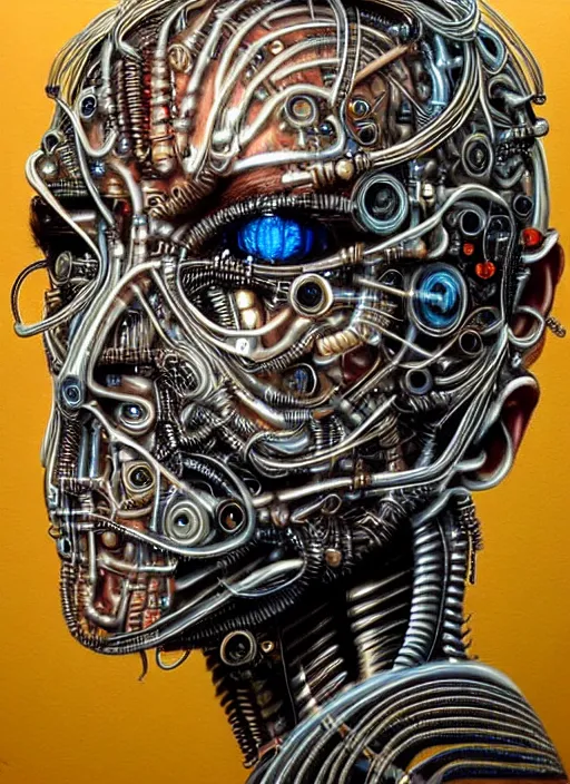 Prompt: biopunk cyborg portrait by julie bell, intricate biopunk patterns, vacuum tubes, detailed!, very sharp!!!