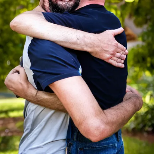 Image similar to a very tall middle aged white man hugging a very short young latino man