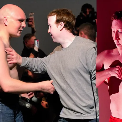 Image similar to billy corgan and mark zuckerberg fighting over a girl. both are very angry. billy goes over to mark and rips off his shirt. then billy throws mark in the ground and breaks his face and hands.