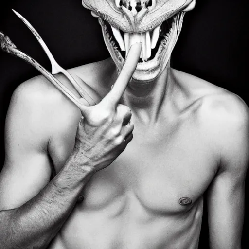 Image similar to an alien. angled jaw, snarling, omniverous layered teeth, smooth bioluminescent skin, hunter gatherer holding a opal tipped spear, mid length portrait photograph, highly detailed, high contrast lighting