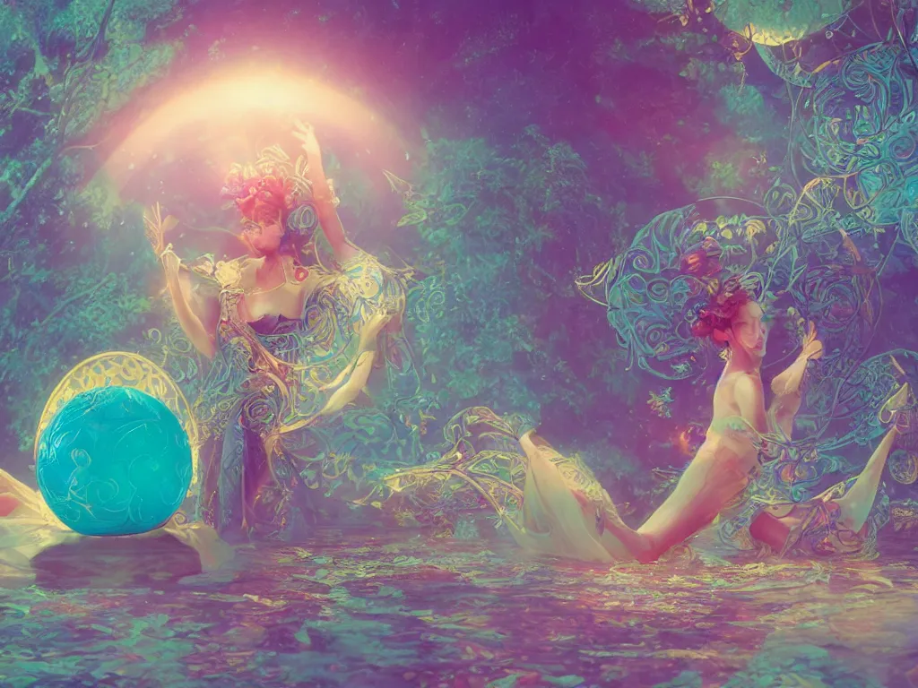 Prompt: the orb of dreams, sunlight study, art nouveau, by hans zatzka and ( ( ( ( lisa frank ) ) ) ), 8 k, sharp focus, octane render, ( ( ( kauai ) ) )