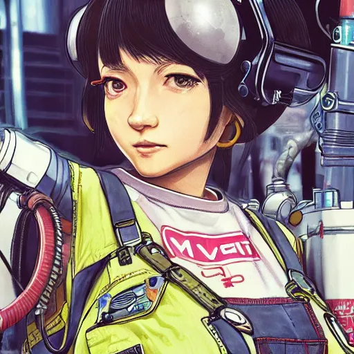 Image similar to Full body portrait of a mechanic in overalls repairing her mech, cyberpunk, illustration, detailed face, detailed background, Ilya Kuvshinov, Hayao Miyazaki, Takashi Takeuchi, Masamune Shirow