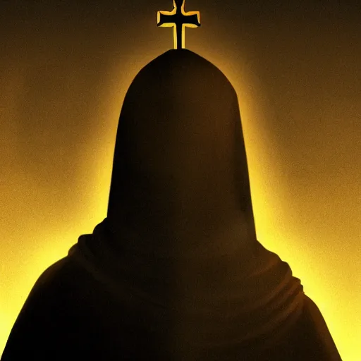 Prompt: Close-up of a terrified catholic priest in his twenties at the top of a medieval tower watching as an ominous yellow shadow descends upon him from the night sky. Dramatic lighting. Award-winning digital art, trending on ArtStation