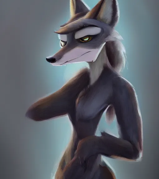 Image similar to oil painting of anthromorphic female wolf, in style of zootopia, zootopia, zootopia, fursona, furry, furaffinity, 4 k, deviantart, furry art, fursona art, wearing black business suit, business suit, in style of zootopia, wolf fursona, cyberpunk, female, expressive detailed feminine face,