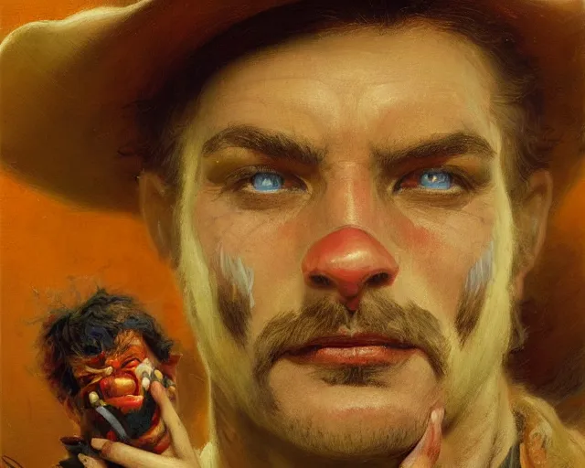 Image similar to portrait of a a thief cowboy clown, highly detailed painting by gaston bussiere, craig mullins, j. c. leyendecker 8 k