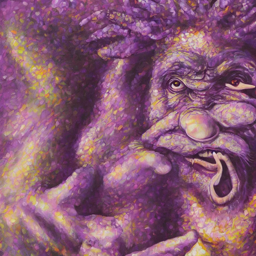 Image similar to hyper realistic painting by chuck close, studio lighting, brightly lit purple room, an ape with antlers laughing at a giant crying rabbit clown