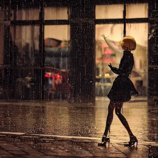 Prompt: portrait of mannequin dancing in the rain, cinematic light and reflections, beautiful dreamy lighting,