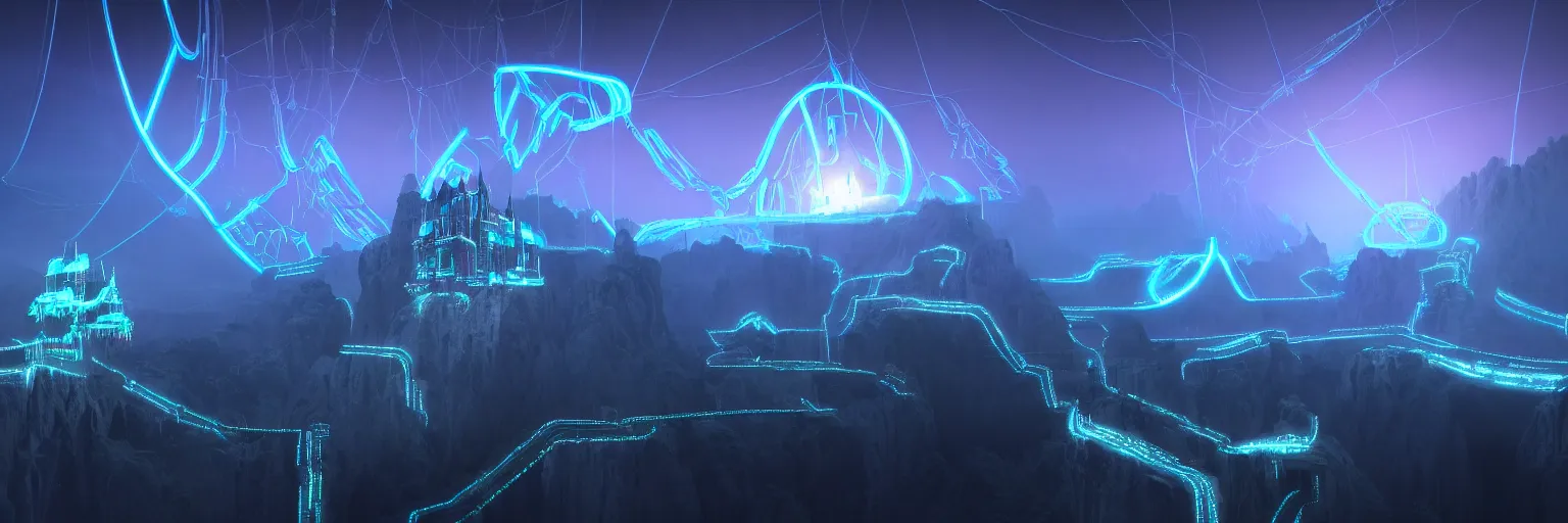 Image similar to tron in the mountain with neon light futuristic hyper realistic cinematic view of floating castle hanging by chains in the air, in between a gorge, below only cloud dark void, structured by chains and cables on base, 8 k resolution