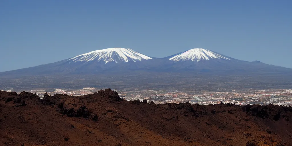 Prompt: Trending on artstation, beautiful Tenerife landscape with snow capped mount Teide in the center as seen from Puerto