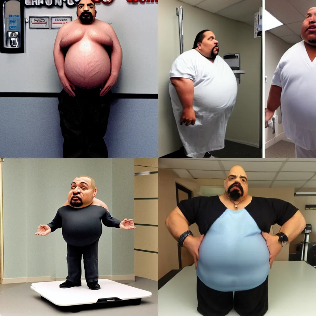 Prompt: mordbidly obese ice t standing on a weighing scale, extremely fat, doctors office