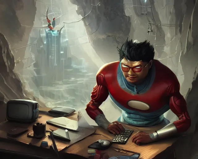 Image similar to an insanely detailed painting of an asian man wearing a homemade superhero costume, sitting at a desk, staring at the nervously at the computer and typing, in the style of peter mohrbacher, dramatic lighting and composition, surreal background, octane render, pixar, trending on artstation, concept art, comic book, view from behind