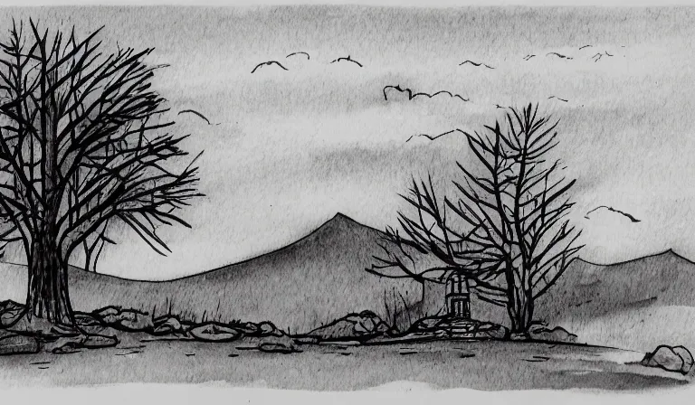 Prompt: A serene landscape with a singular building in the style of Inktober.