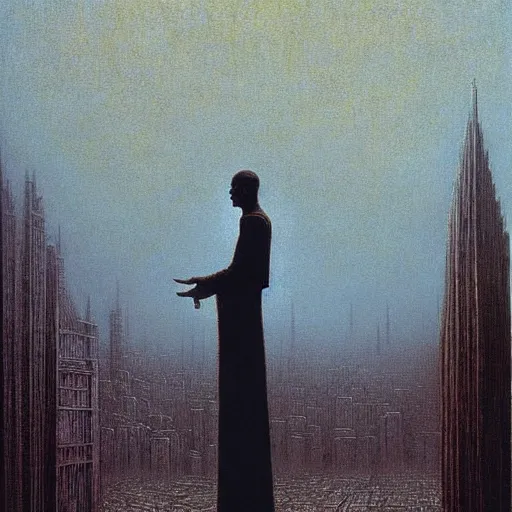 Image similar to a giant priest stands over a city painting by beksinski, barlowe colors. masterpiece painting