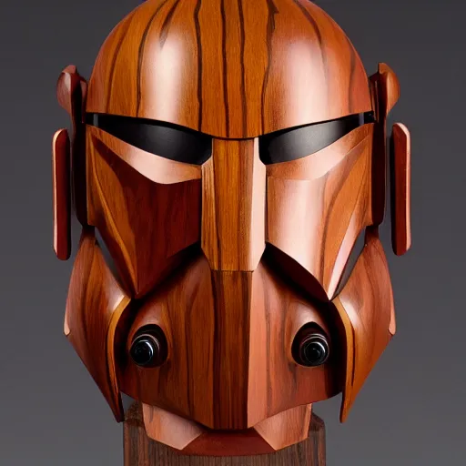 Image similar to a completely made of wood, real - world sculpture bust of the mandolorian star - wars character, made of highly polished walnut wood, polished, cedar, polished tiger - wood. photograph, photographic, 3 5 mm