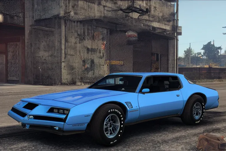 Image similar to photograph of a cyberpunk 1 9 2 2 pontiac firebird trans am, by red dead redemption 2, by grand theft auto v