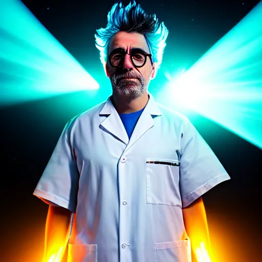 Image similar to portrait of rick sanchez, lab coat and tee shirt, lens flare, atmosphere, glow, detailed, intricate, full of colour, cinematic lighting, 4 k, hyperrealistic, focused, extreme details, cinematic, masterpiece