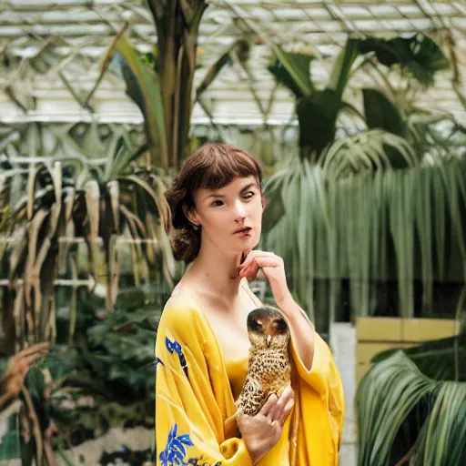 Image similar to head to shoulder portrait film photograph of an elegant top model wearing a yellow kimono with a very detailed barn owl on her shoulder!!! in a tropical greenhouse. looking at the camera!!. super resolution. 85 mm f1.8 lens.bokeh. graflex. art by Alessio albi and ashley wood and Edmund Blair Leighton ! -