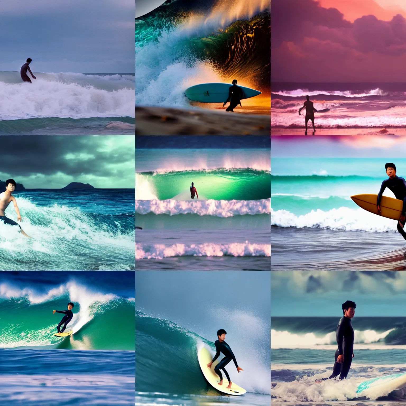 Prompt: a young asian man surfing on the tsunami, cinematic establishing shot, magical colours and atmosphere, perfect coherent composition, super realistic, professional photography 1 6 k