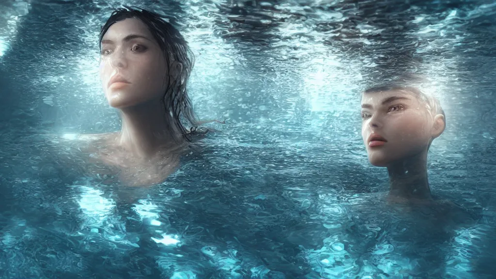 Image similar to a centered wide shot of an single lonely transparent translucent water made elemental underwater, omnious , elegant, reflections, focus, detailed, realistic eyes, horizontal partial symmetry features proportions, intricate facial skin details, award winning, trending in cgsociety artstation deviant art, octane render