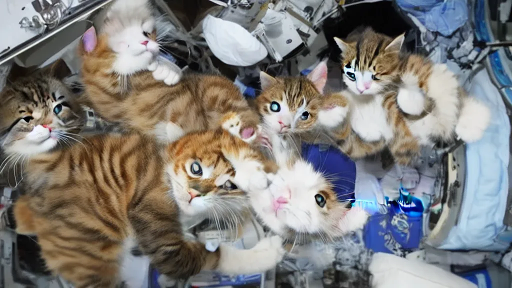 Prompt: Photo of cats floating inside the ISS