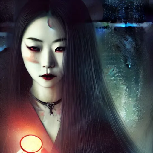 Image similar to Portrait of a riveting Japanese vampire woman!, atmospheric lighting, gothic makeup, intricate, Transylvanian castle, volumetric lighting, beautiful, starlit sky, sharp focus, ultra-detailed, by Tom Bagshaw Leesha Hannigan, Ross Tran, Thierry Doizon, Kai Carpenter, Ignacio Fernández Ríos