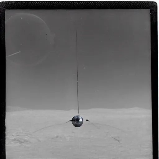 Image similar to old polaroid depicting a small spheric metallic alien probe, hovering at a clearing