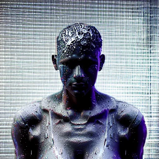 Image similar to a human sculpted out of rain, neon, rendered in octane, unreal engine, highly detailed, realistic, beautiful, emotional