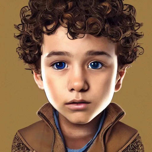 Image similar to highly realistic boy with curly brown hair and brown eyes, a wooden bow on his back, highly detailed and intricate, concept art illustration