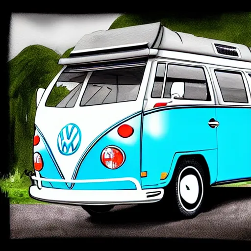 Image similar to fisheye perspective caricature watercolor painting of a vw volkswagen bus, bulli, type - 2, microbus, kombi from pixars cars with eyes instead of a windshield flying towards the camera, jumping at the viewer doors fully open, luggage in the air, dynamic action shot, fish eye lense, frontal, huge vulcano is seen in the background