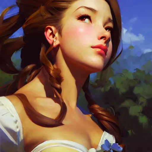 Image similar to Greg Manchess portrait painting o Aerith Gainsborough as Overwatch character, medium shot, asymmetrical, profile picture, Organic Painting, sunny day, Matte Painting, bold shapes, hard edges, street art, trending on artstation, by Huang Guangjian and Gil Elvgren and Sachin Teng