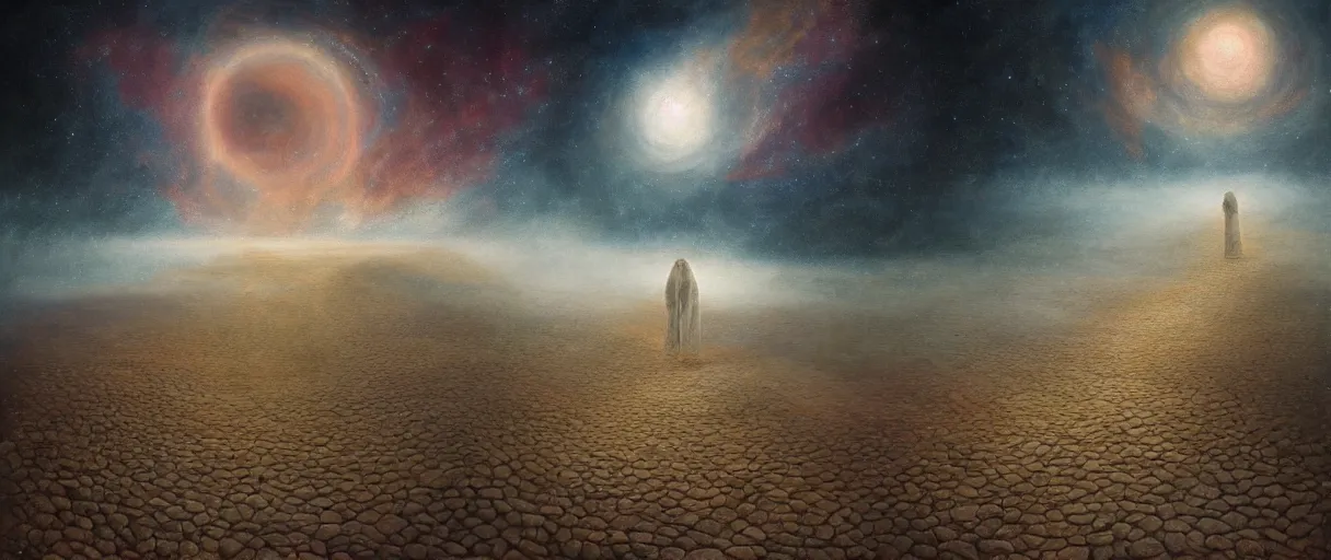 Prompt: paths that are now disappearing ; paths that we must walk alone ; paths across the stars... paths that now, are not there anymore. by agostino arrivabene and vladimir kush, surreal, digital painting, ultra realistic, artstation